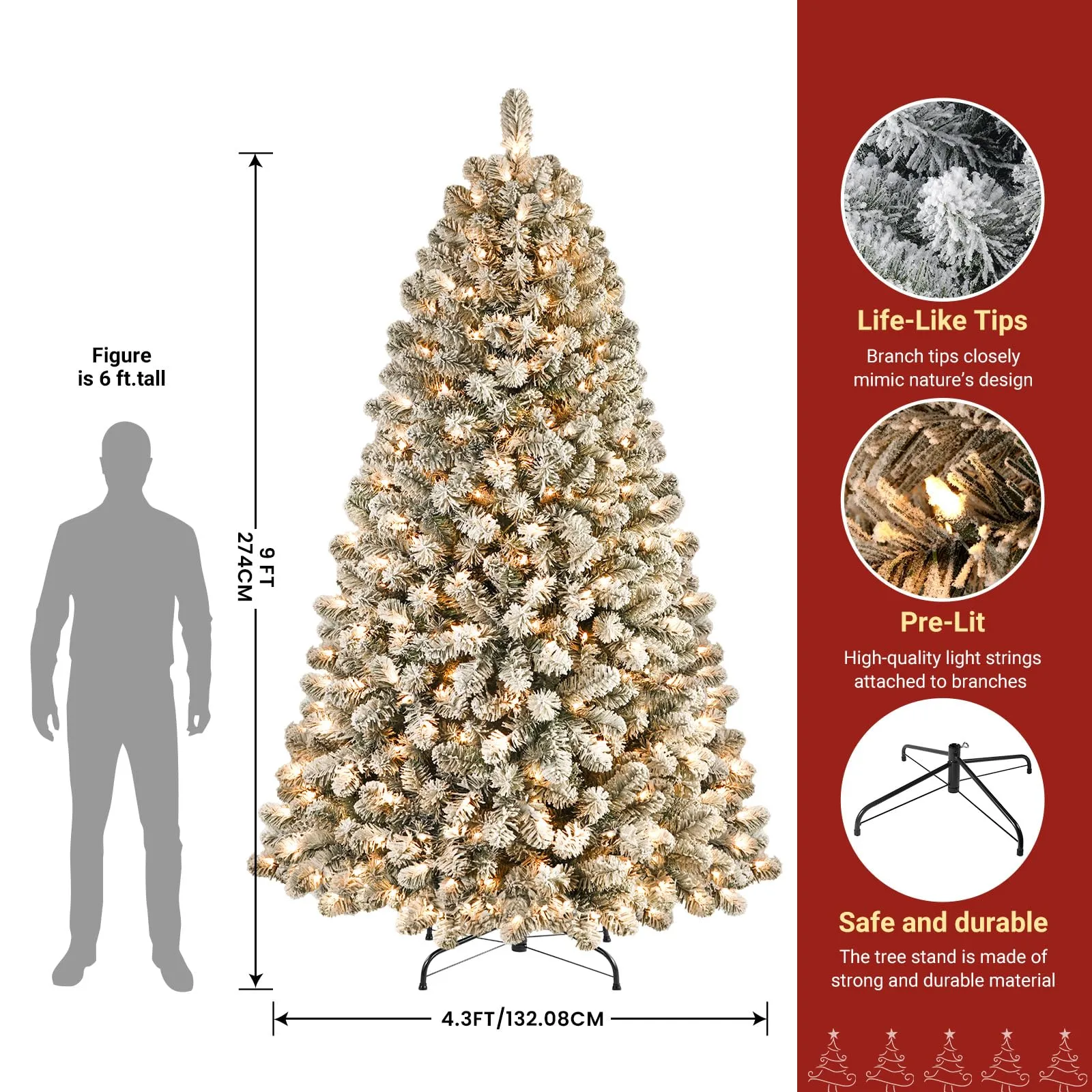 9ft Prelit Warm White Lights Snow Flocked Artificial Holiday Christmas Tree