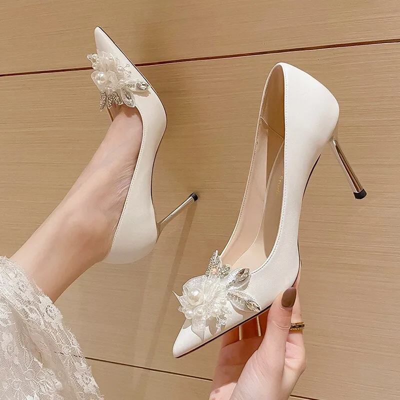 Amozae  2024 New Arrival White Satin Bridal Wedding Shoes High heels Pointed Toe ladies party dress shoes woman High Pumps bridal shoes