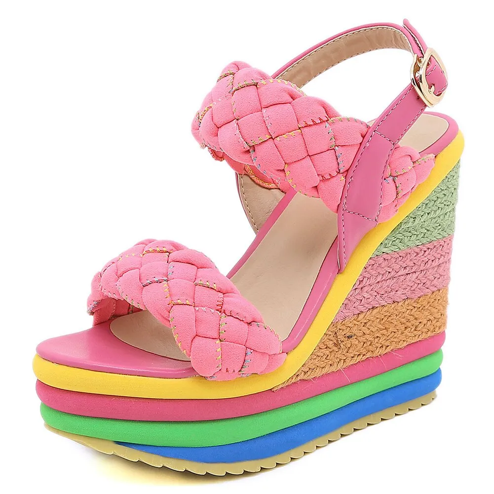 Amozae-- Elegant INS Hot Sale Rainbow Colorful 2024 Summer Wedges Sandals Party Platform Extreme High Heels Shoes Woman Plus Size 43