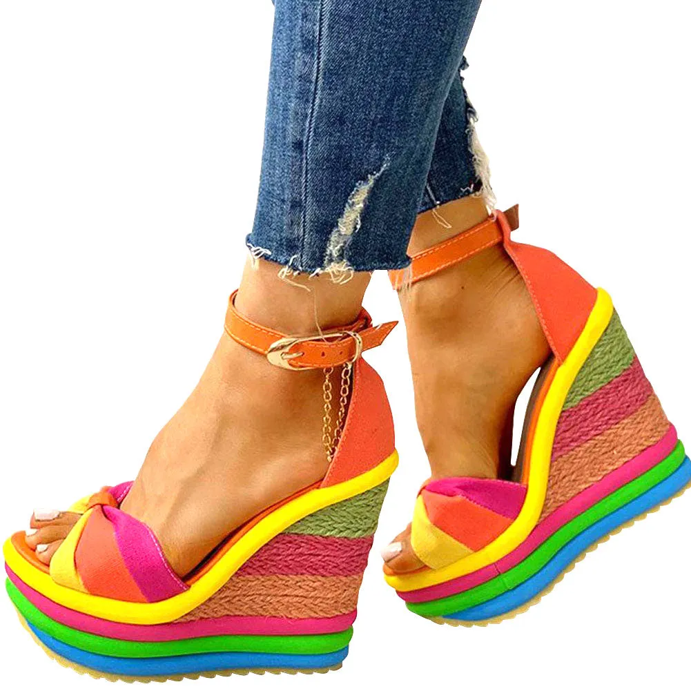 Amozae-- Elegant INS Hot Sale Rainbow Colorful 2024 Summer Wedges Sandals Party Platform Extreme High Heels Shoes Woman Plus Size 43