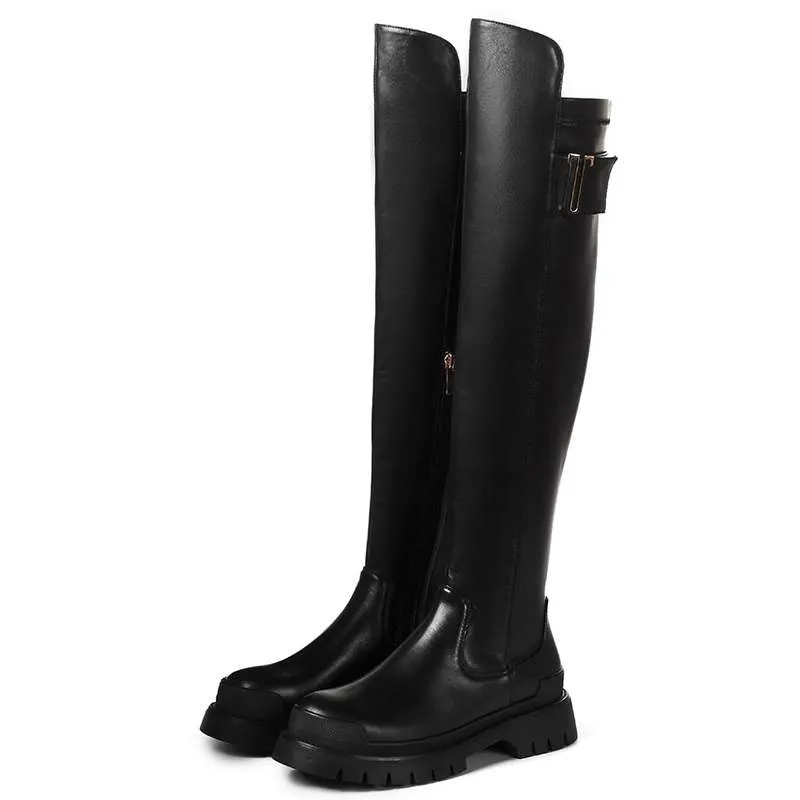 Amozae-Krazing pot high quality cow leather platform thigh high boots round toe casual winter shoes zip dress over the knee boots L92