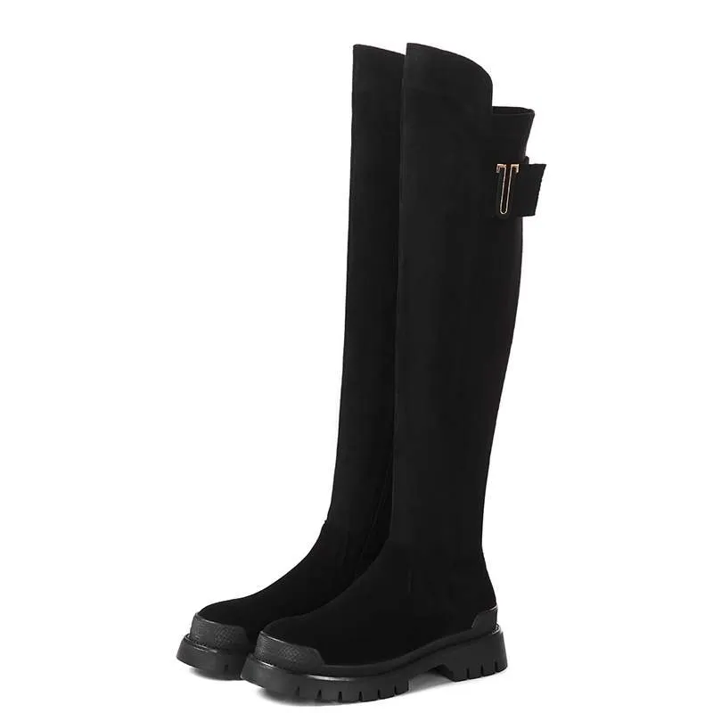 Amozae-Krazing pot high quality cow leather platform thigh high boots round toe casual winter shoes zip dress over the knee boots L92