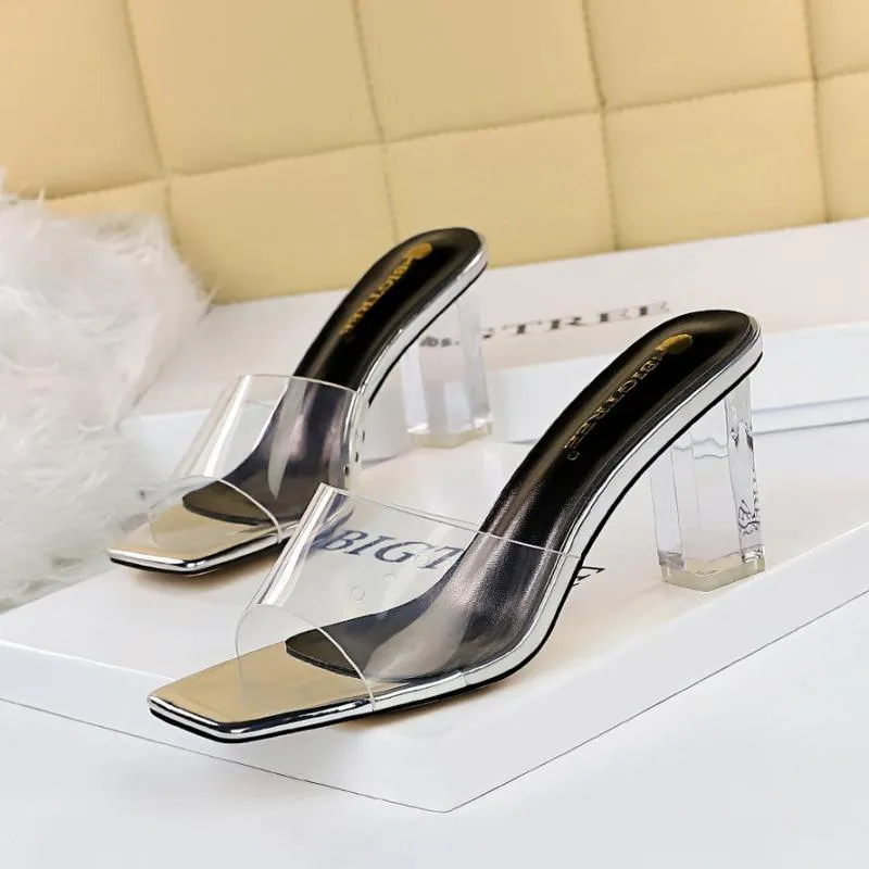 Amozae-Ladies   High Heels Shoes Square Toe Slip On Women Clear Heel Transparent Pvc Sandals Female Fashion Outdoor Beach Footwear