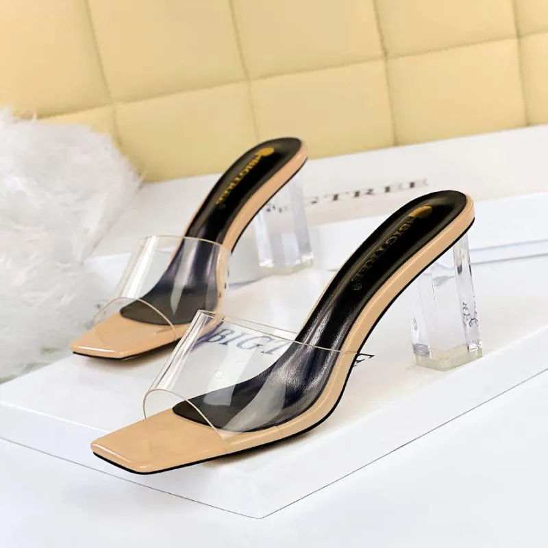 Amozae-Ladies   High Heels Shoes Square Toe Slip On Women Clear Heel Transparent Pvc Sandals Female Fashion Outdoor Beach Footwear