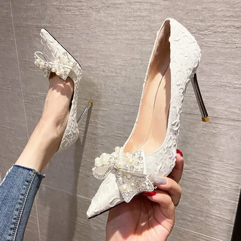 AMOZAE- - Pearl Elegance Stiletto Heels Wedding Pumps with Designer Luxury Pearl