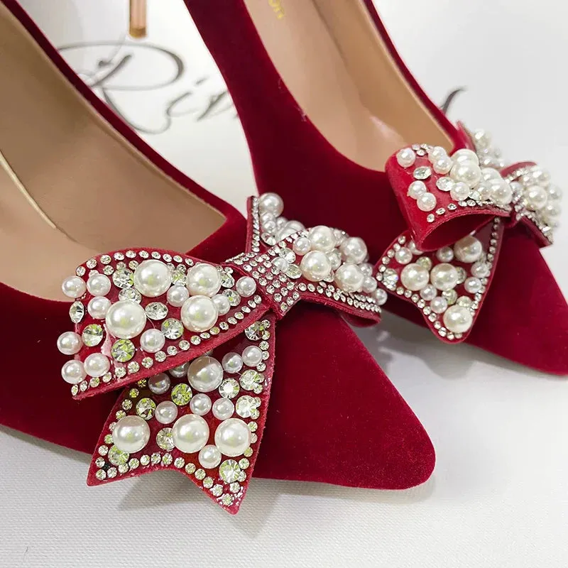 AMOZAE- - Ravishing Red Women's Luxury Pearl Bowknot Pointed Toe