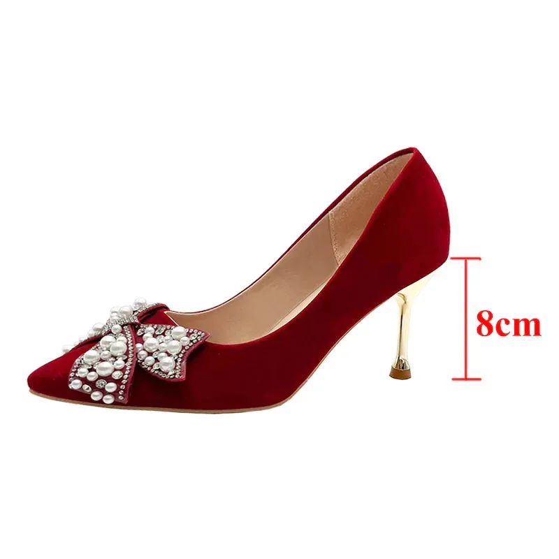 AMOZAE- - Ravishing Red Women's Luxury Pearl Bowknot Pointed Toe