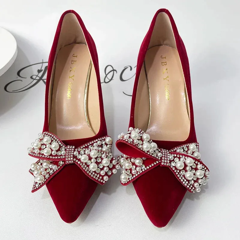 AMOZAE- - Ravishing Red Women's Luxury Pearl Bowknot Pointed Toe