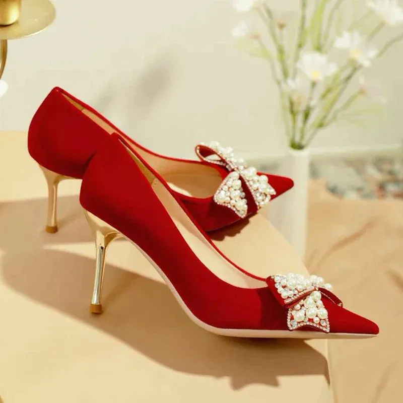 AMOZAE- - Ravishing Red Women's Luxury Pearl Bowknot Pointed Toe