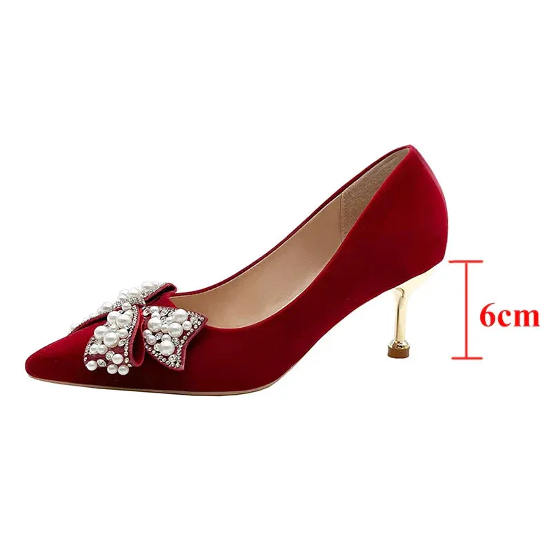 AMOZAE- - Ravishing Red Women's Luxury Pearl Bowknot Pointed Toe