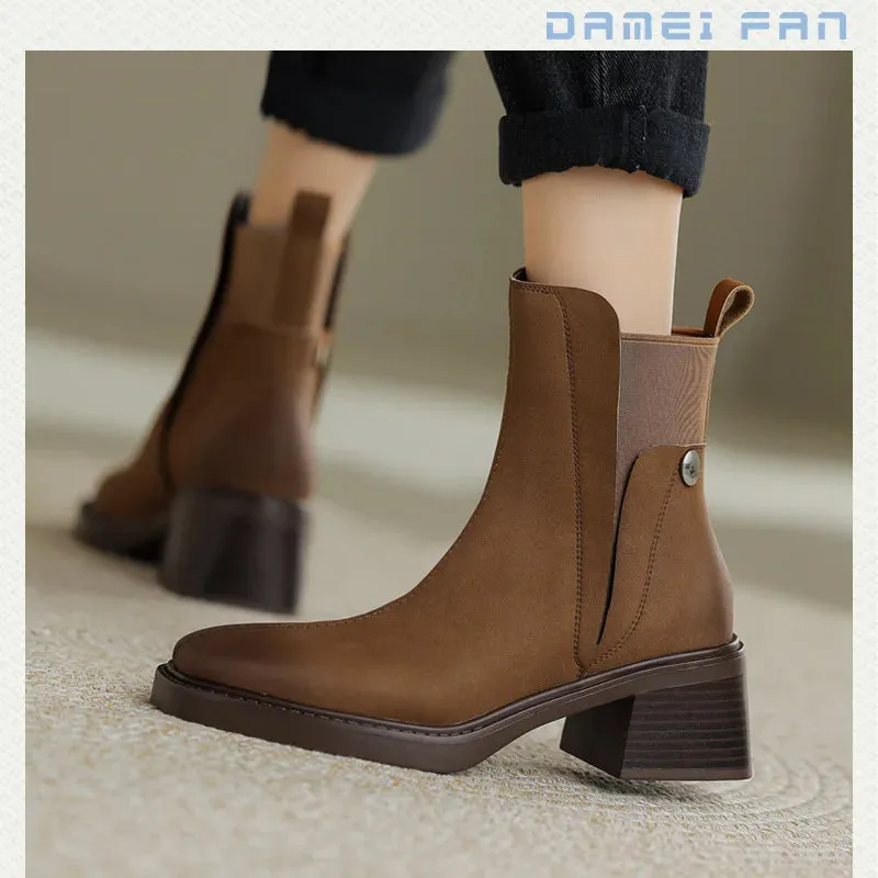 Amozae-Retro Chelsea Boots Women Square Head Ankle Boots New Autumn Winter Fashion Short Boots Elastic Band Designer Chunky Botas Mujer