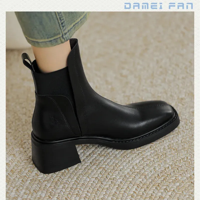 Amozae-Retro Chelsea Boots Women Square Head Ankle Boots New Autumn Winter Fashion Short Boots Elastic Band Designer Chunky Botas Mujer