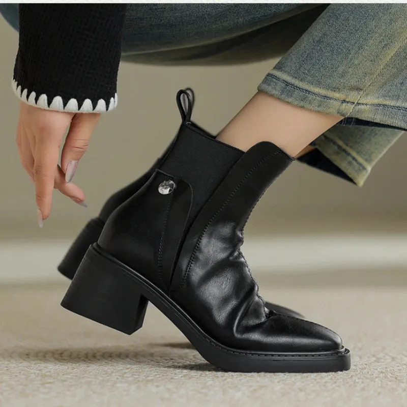 Amozae-Retro Chelsea Boots Women Square Head Ankle Boots New Autumn Winter Fashion Short Boots Elastic Band Designer Chunky Botas Mujer