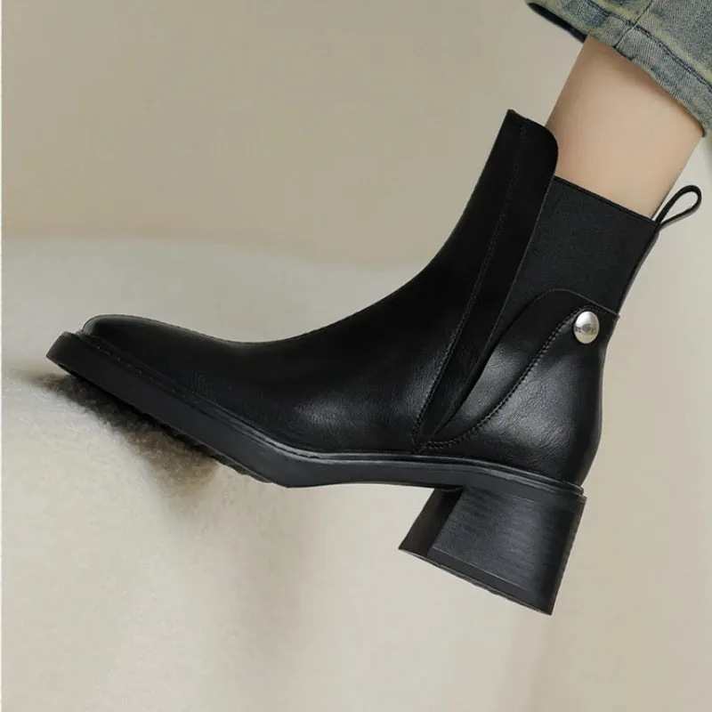 Amozae-Retro Chelsea Boots Women Square Head Ankle Boots New Autumn Winter Fashion Short Boots Elastic Band Designer Chunky Botas Mujer