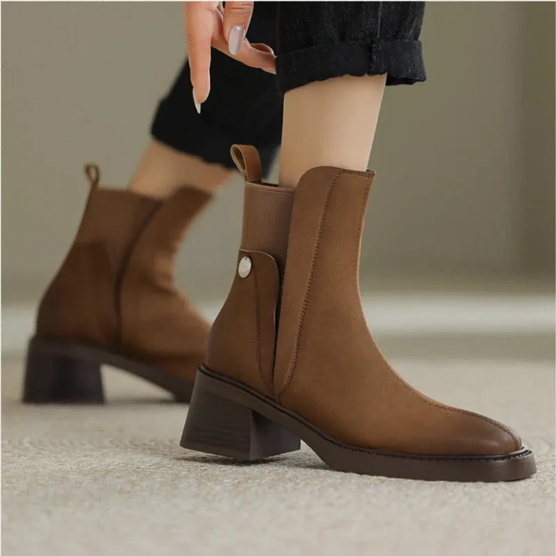 Amozae-Retro Chelsea Boots Women Square Head Ankle Boots New Autumn Winter Fashion Short Boots Elastic Band Designer Chunky Botas Mujer