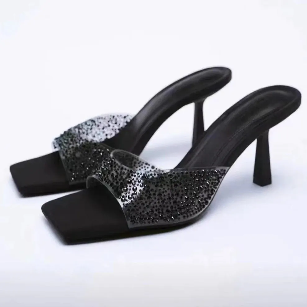 Amozae-Rhinestone Slipper Women High Heel Sandals 2023 Summer New Open Toe Sexy Party Luxury Dress Shoes Rome Cowboys Designer Sandals