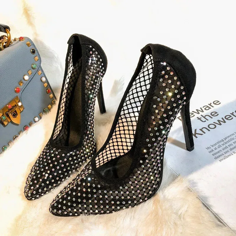 Amozae-Sexy Mesh Rhinestones Gladiator Women Pumps Fashion Thin Heels Party Wedding Shoe Black Transparent Diamond Heels Sandals Female