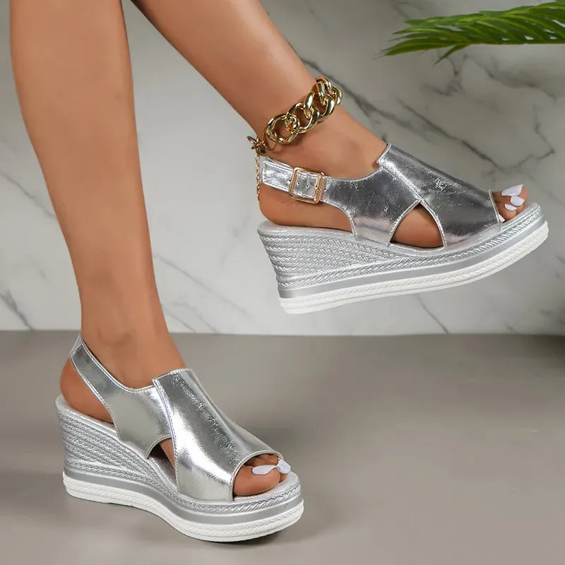 AMOZAE- - Summer PU Leather Wedge Sandals Gold & Silver, Peep Toe Platform