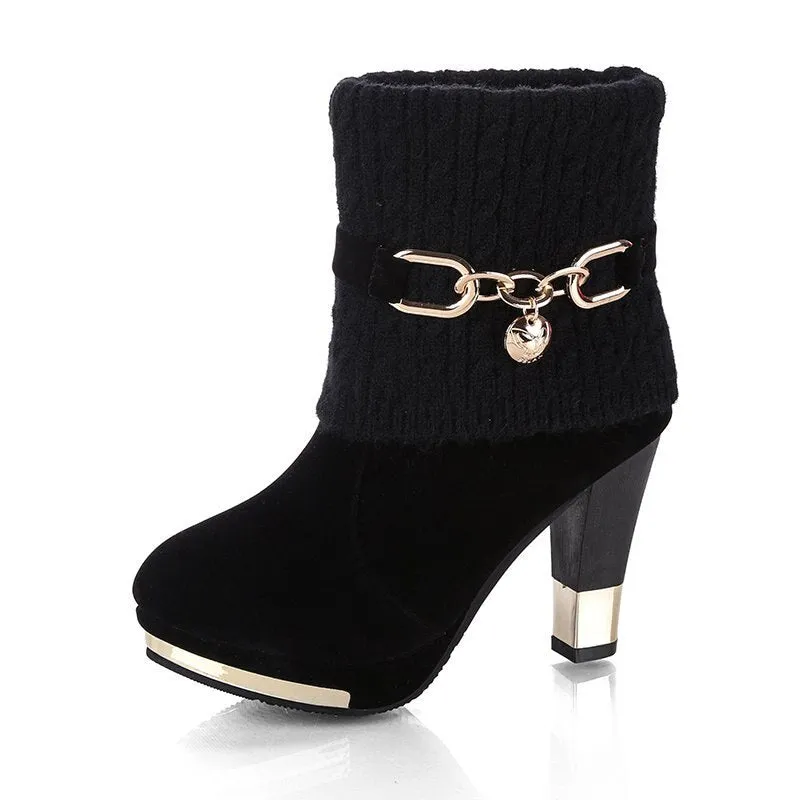 Amozae-Winter fashion Women's boots high-heeled female boots 2024 winter new thick with shoes frosted wool in the Women's shoes Flock