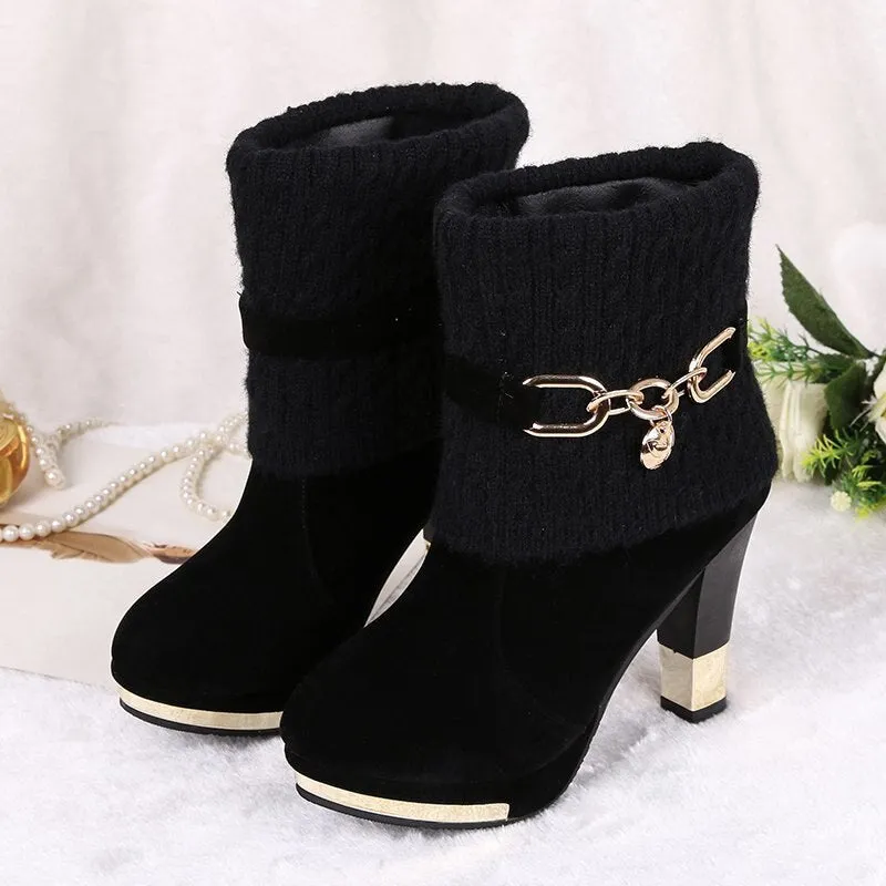 Amozae-Winter fashion Women's boots high-heeled female boots 2024 winter new thick with shoes frosted wool in the Women's shoes Flock