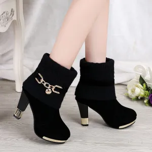 Amozae-Winter fashion Women's boots high-heeled female boots 2024 winter new thick with shoes frosted wool in the Women's shoes Flock