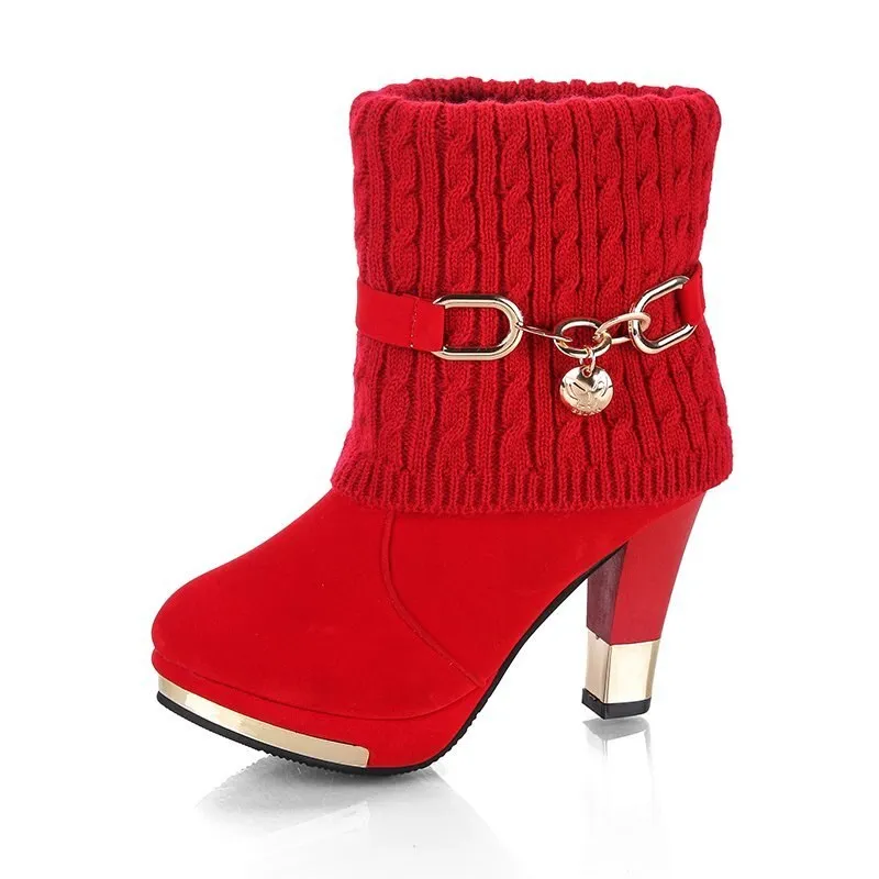 Amozae-Winter fashion Women's boots high-heeled female boots 2024 winter new thick with shoes frosted wool in the Women's shoes Flock