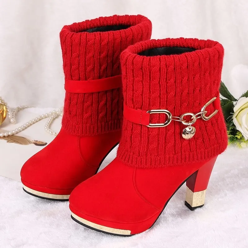 Amozae-Winter fashion Women's boots high-heeled female boots 2024 winter new thick with shoes frosted wool in the Women's shoes Flock