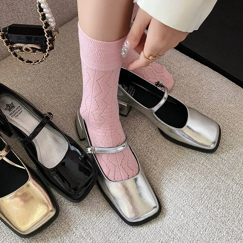 Back to school 2023 new spring women pumps natural leather 22-24.5cm length cowhide sheepskin full leather square toe Buckle Mary Jane shoes