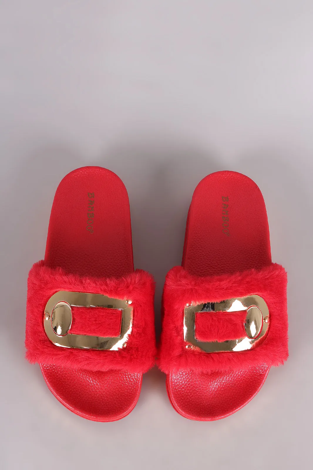 Bamboo Hardware Embellished Fur Chain Slide Sandal