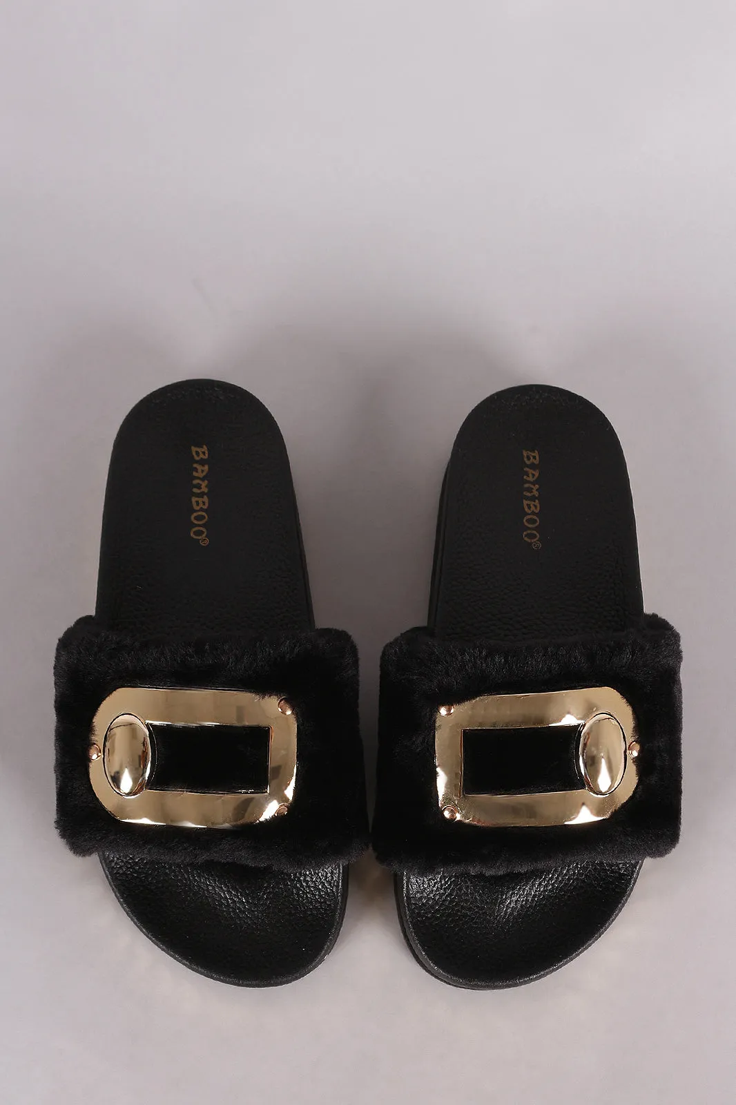 Bamboo Hardware Embellished Fur Chain Slide Sandal