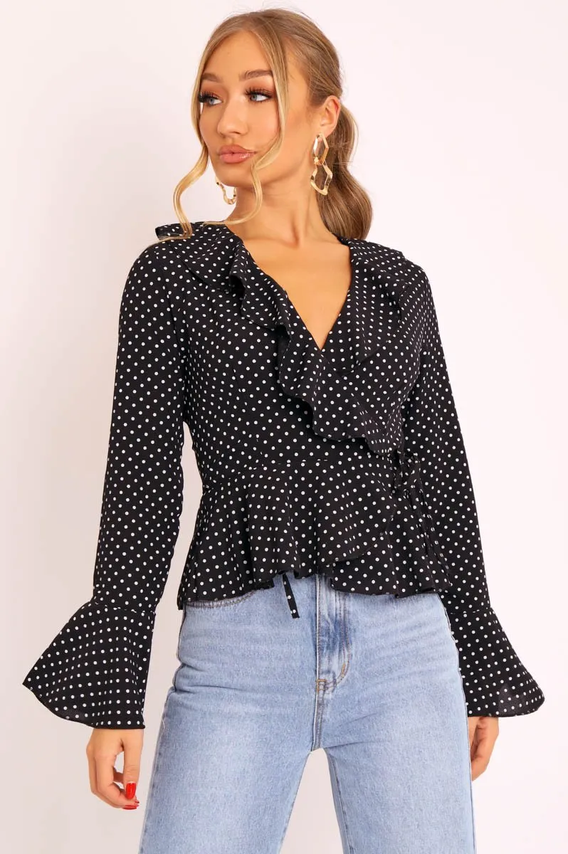 Black Polka Ruffle Wrap Blouse - Calynn