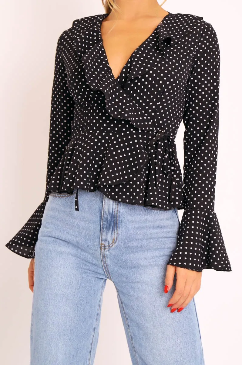 Black Polka Ruffle Wrap Blouse - Calynn