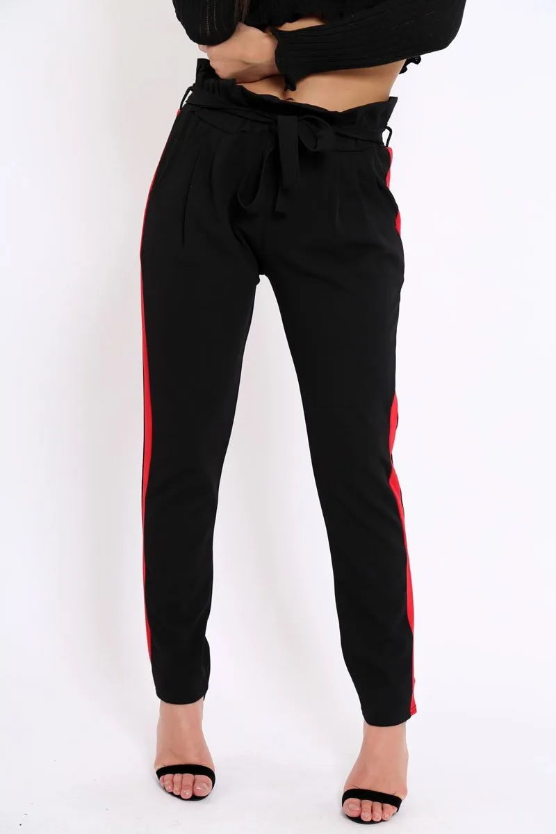 Black With Red Stripe Paper Bag Tie Waist Cigarette Trousers - Karmen