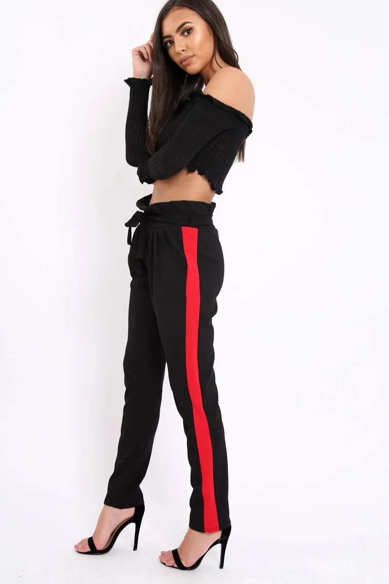 Black With Red Stripe Paper Bag Tie Waist Cigarette Trousers - Karmen