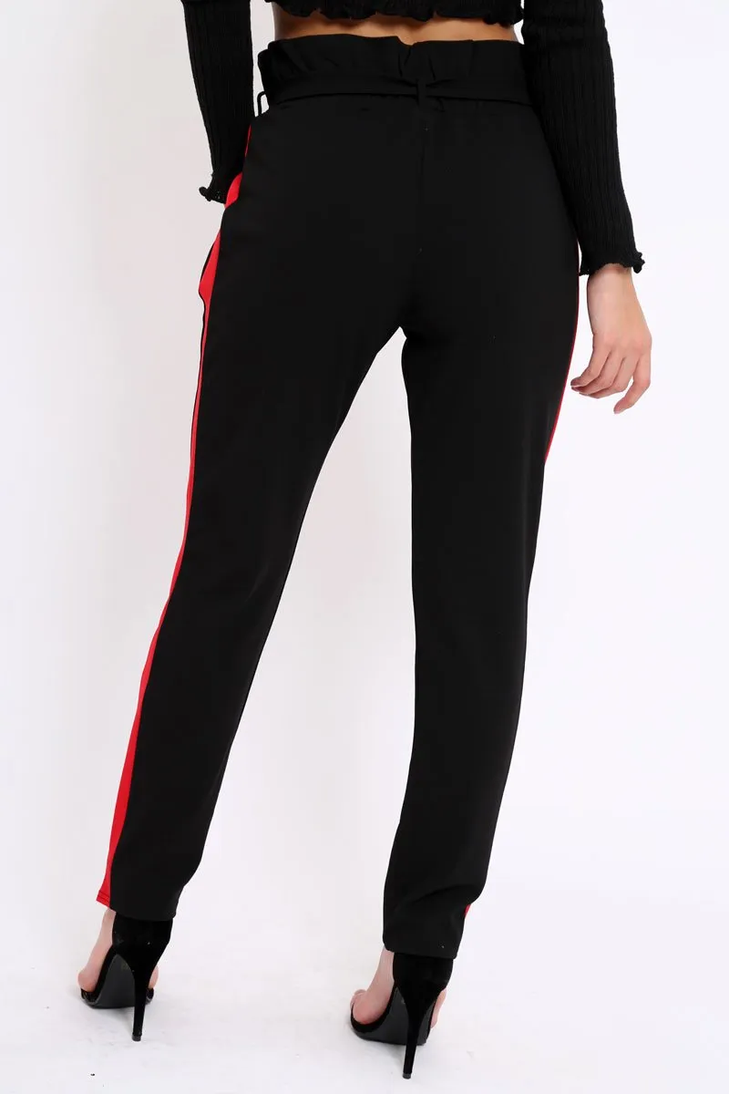 Black With Red Stripe Paper Bag Tie Waist Cigarette Trousers - Karmen