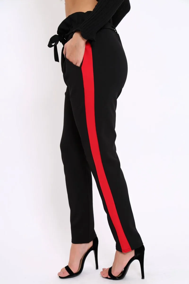 Black With Red Stripe Paper Bag Tie Waist Cigarette Trousers - Karmen