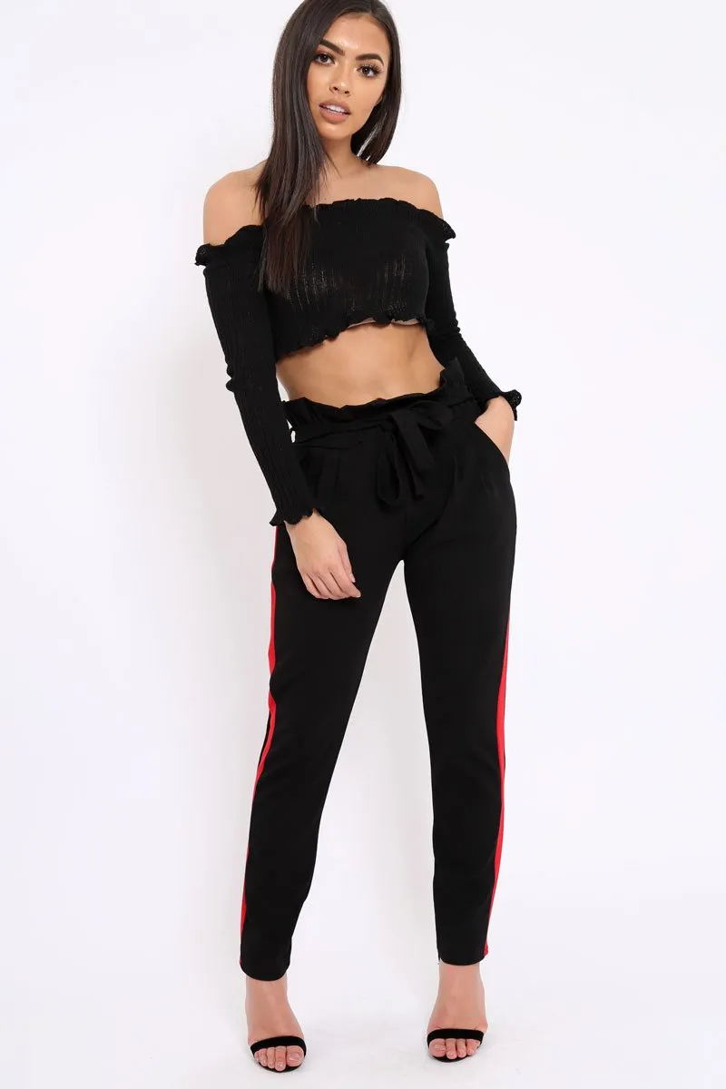 Black With Red Stripe Paper Bag Tie Waist Cigarette Trousers - Karmen