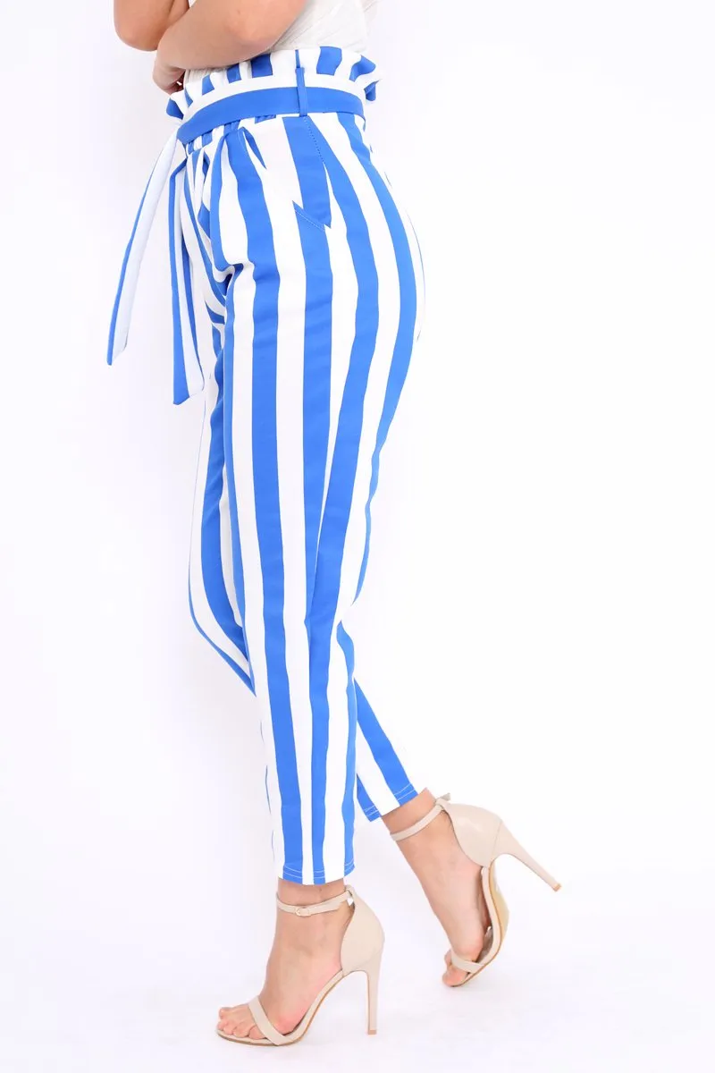 Blue and White Striped Tie Waist Tapered Trousers - Dura