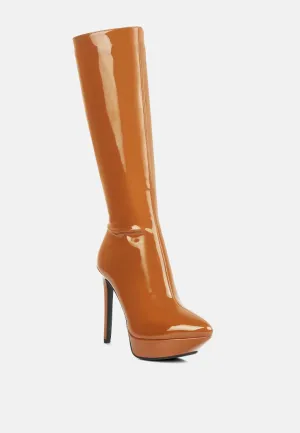 CHATTON Tan Patent Stiletto High Heeled Calf Boots