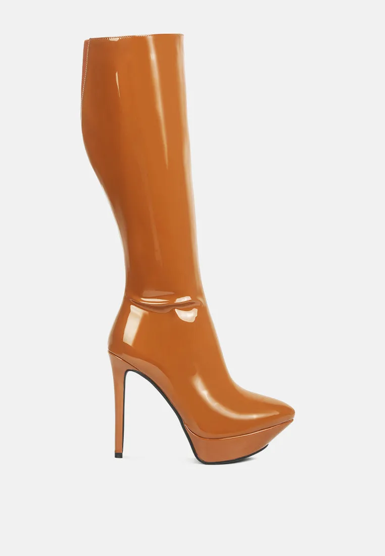 CHATTON Tan Patent Stiletto High Heeled Calf Boots