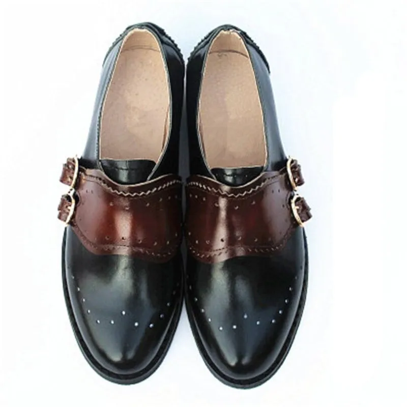 Classic Mixed-colors Buckle Strap Flat Oxford Vegan Leather Shoes