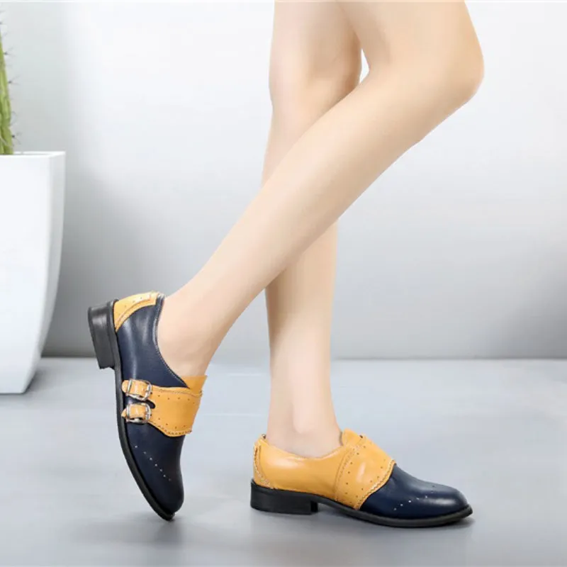 Classic Mixed-colors Buckle Strap Flat Oxford Vegan Leather Shoes