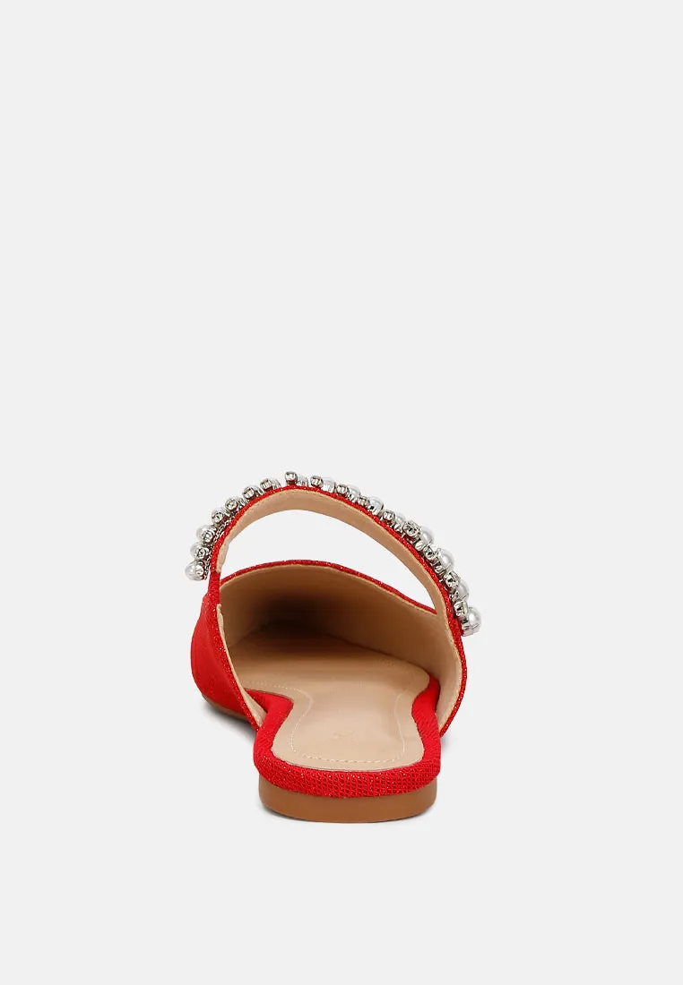 GEODE Pearl Embellished Slip On Mules In Red