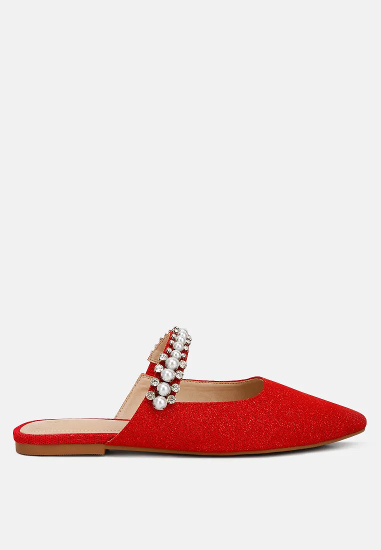 GEODE Pearl Embellished Slip On Mules In Red