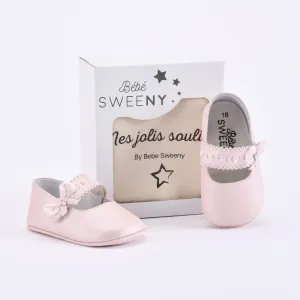 Girls Pearl Pink Leather Pre-walker Shoes With Scalloped Strap