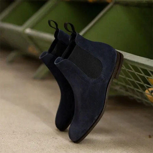 Handmade Blue Suede Cow Leather Chelsea Boots Men, Leather Dress Boots