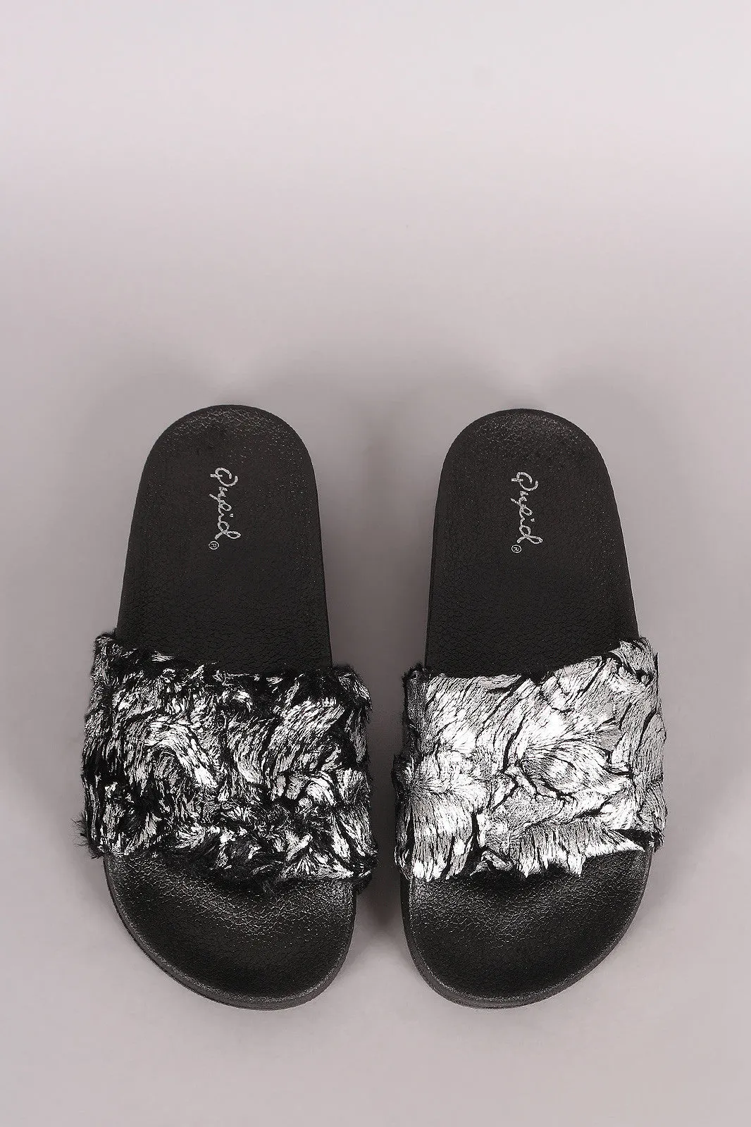 Qupid Metallic Faux Fur Slide Sandal