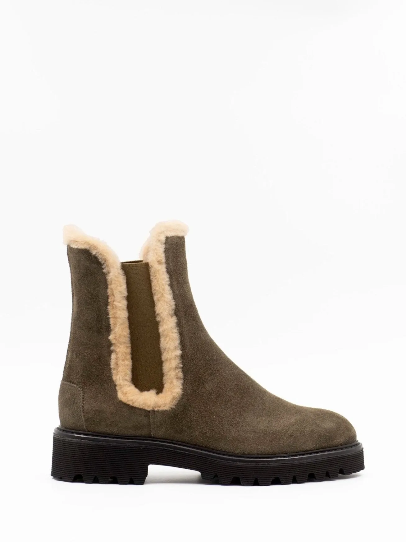 Shearling-lined Chelsea boots in green suede