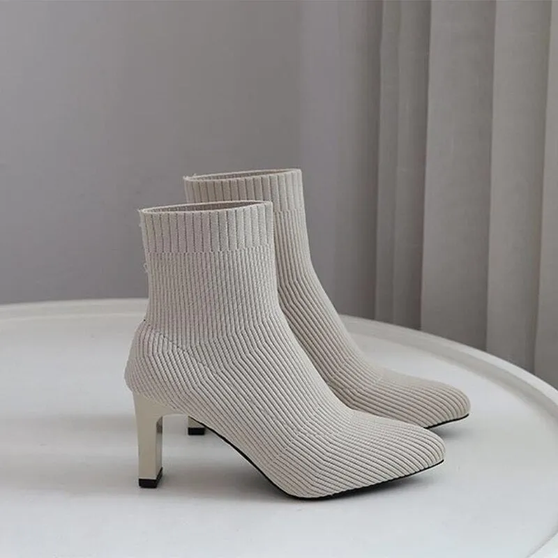 Sock Shoes Women Stretch Knitting Ankle Boots Autumn Winter   New Solid High Heels   Party Shoe Ladies Pumps Mid-calf Boot