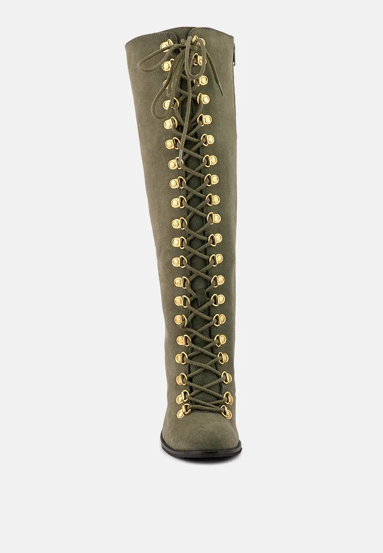 STREET-SLAY Antique Eyelets lace up Knee Boots In Olive